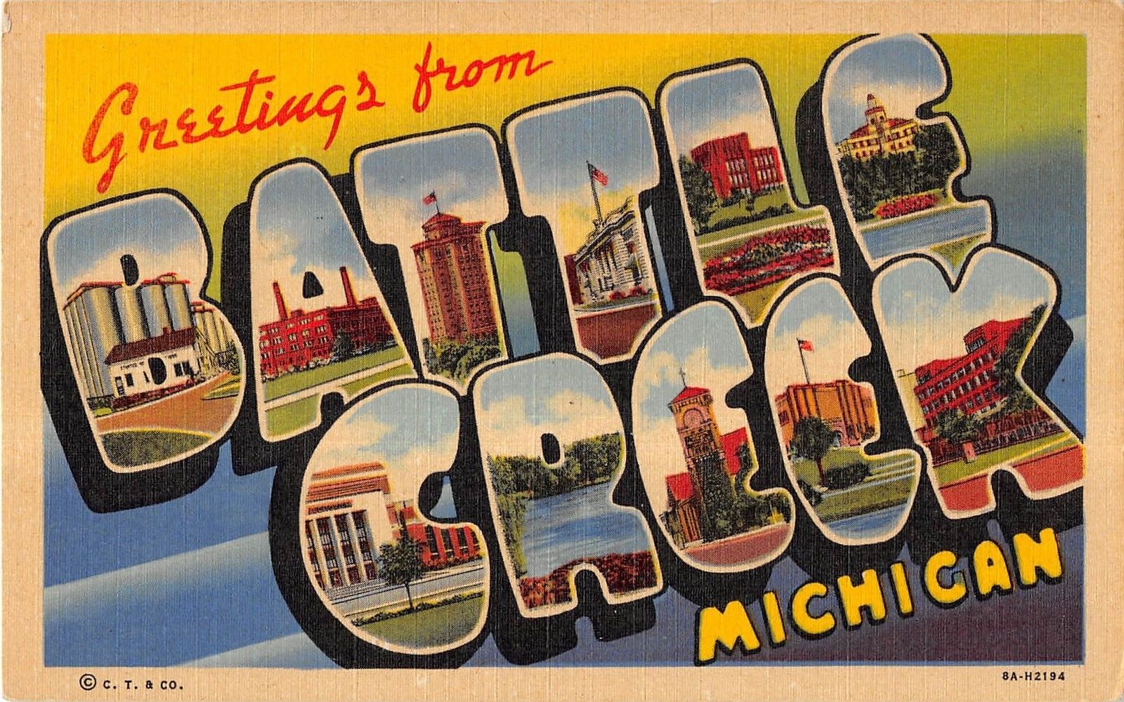 Vintage "Greetings from Battle Creek, Michigan" postcard with local landmarks inside each letter