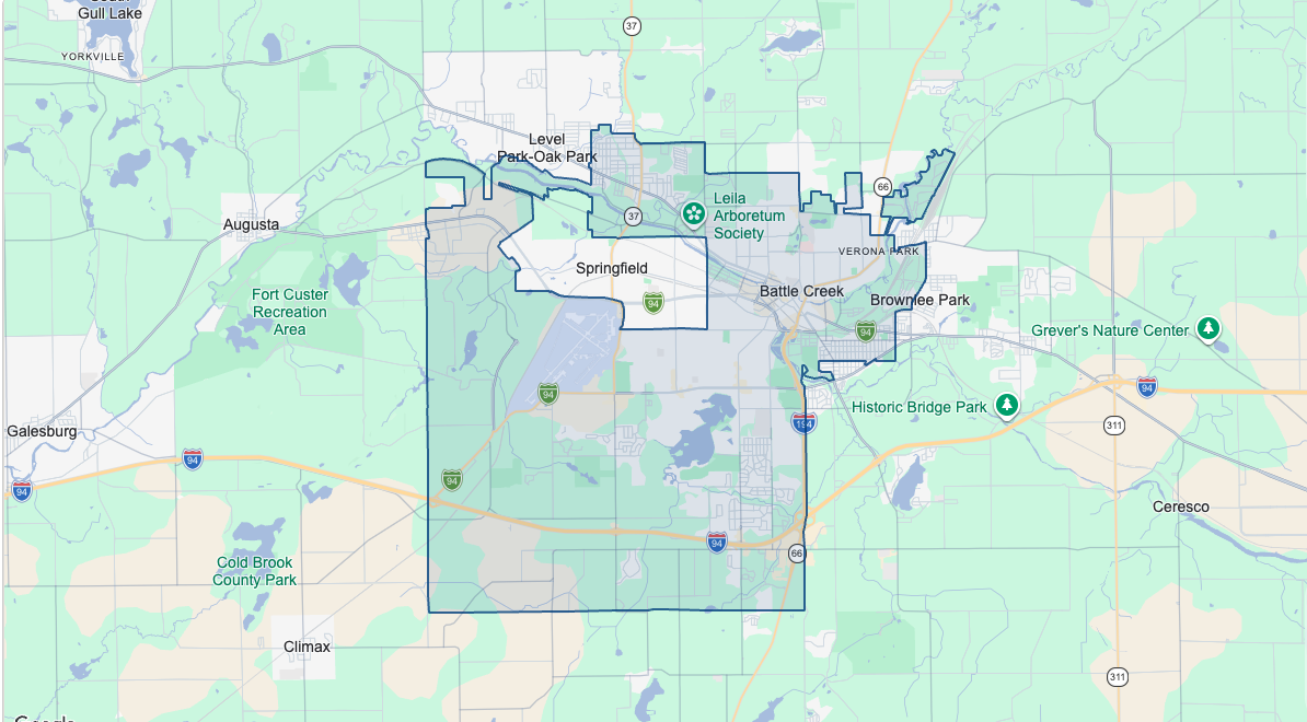 Map of the Battle Creek, Michigan area with the program service area outlined in blue